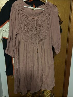 Crochet Yoke Long Sleeve Dress in Dusty Mauve